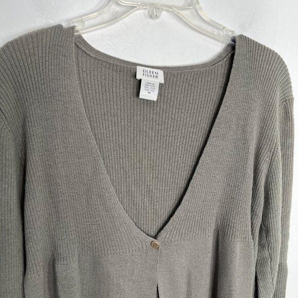 Eileen Fisher Gray 100% Wool one Button Cardigan Sweater Size M - Picture 2 of 6